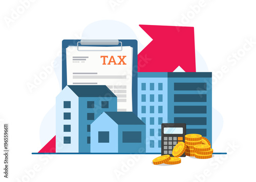 Property tax concept with buildings and coins stock illustration.