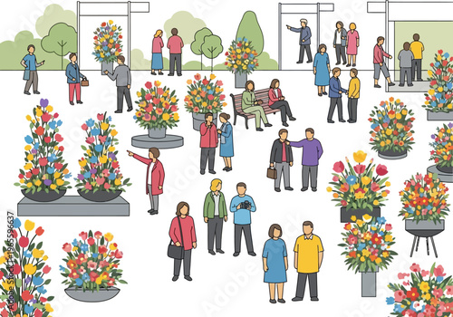 People admiring vibrant floral arrangements in an outdoor setting.