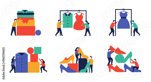 Flat Style People Organizing Clothes and Shoes, Fashion Concept
