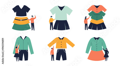 Flat style illustration of children's clothing sets and tiny people