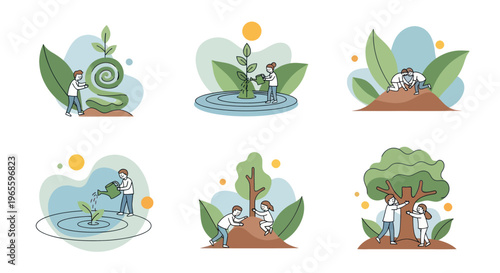 Flat illustration of people planting and nurturing trees for ecology
