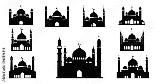 Black Mosques Icons Set: Islamic Architecture Symbols, Silhouette Buildings