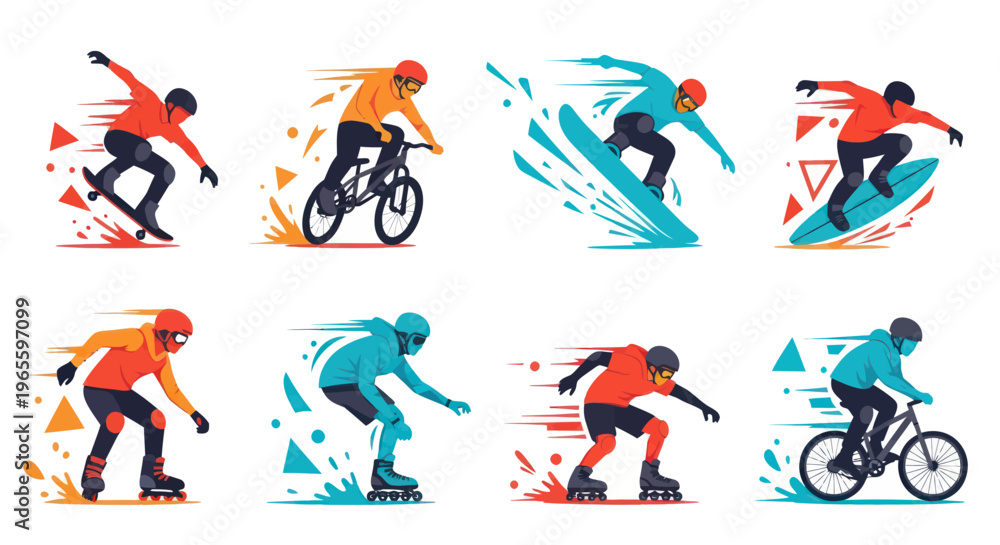 Fototapeta premium Extreme Sports Action Vector - Skater, BMX Rider, Snowboarder, Rollerblader