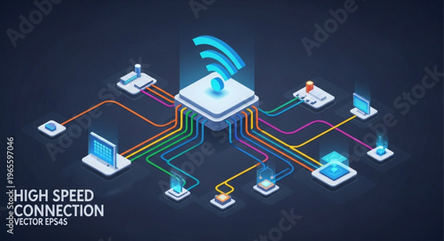 Isometric High-Speed Connection Illustration with Devices and Central Hub.