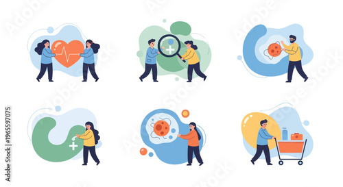 Flat Vector Icons of People and Medical Icons for Health Industry