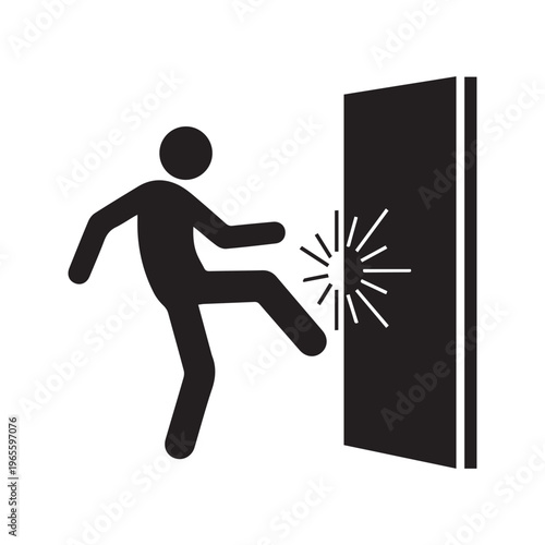 Stick Figure Man Kicking Open Door Silhouette, Forceful Entry and Break-In Icon Vector
