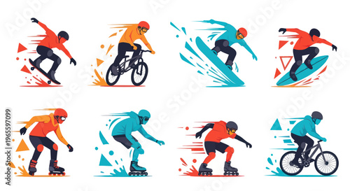 Extreme Sports Action Vector - Skater, BMX Rider, Snowboarder, Rollerblader