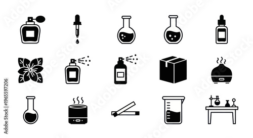 Essential Oil Aromatherapy Icons - Perfume, Diffuser, Lab Equipment, Glyph