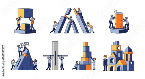 Teamwork building blocks concept, flat vector illustration