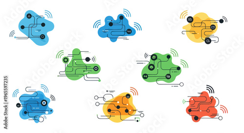 Abstract Technology Network Connections with Wireless Signals, Flat Design