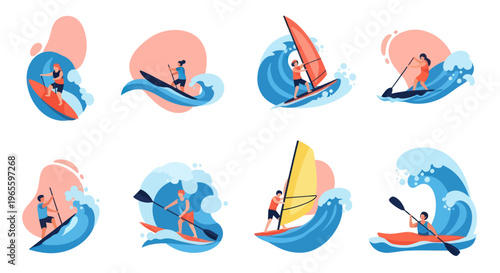 Flat Vector Icons of Watersports Activities for Summer Vacation