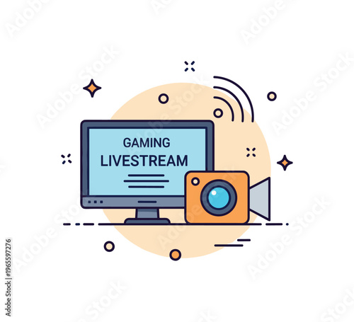 Gaming event livestream concept showing a display screen, camera symbol, and signal lines conveying broadcasting, engagement, and real time competition.