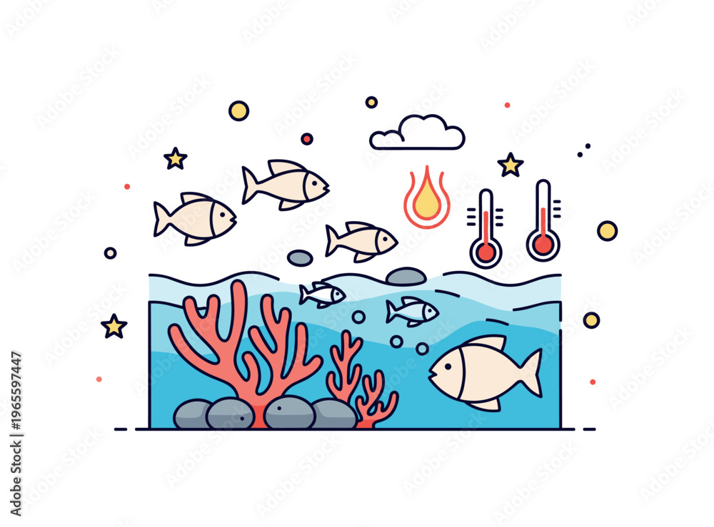 Naklejka premium Ocean ecosystem impact scene with coral bleaching, simple fish shapes, and temperature icons expressing warming waters and marine stress. Minimalist flat