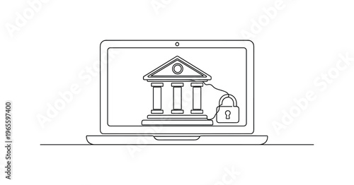 Internet Banking Security. Minimalistic one-line drawing laptop with bank symbol and small lock icon integrated, continuous single black line on