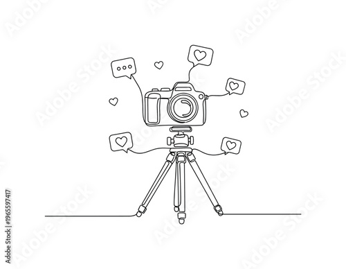 Vlogging Equipment Scene. Minimalistic one-line drawing camera on tripod with tiny heart and chat bubble icons around, continuous single black line on white