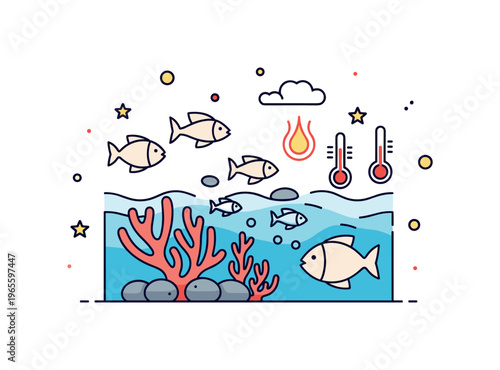 Ocean ecosystem impact scene with coral bleaching, simple fish shapes, and temperature icons expressing warming waters and marine stress. Minimalist flat