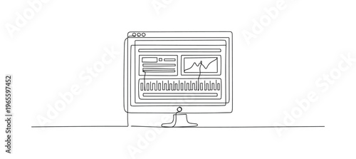 Content Production Workflow. Minimalistic one-line drawing monitor displaying preview window and segmented timeline track, continuous single black line on