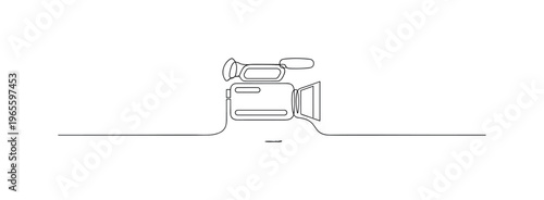 Online Video Creation Idea. Minimalistic one-line drawing camera centered with subtle spotlight outline and minimal frame, continuous single black line on