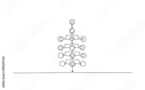 Deep Learning Process. Minimalistic one-line drawing layered node connections arranged vertically with arrow direction, continuous single black line on white