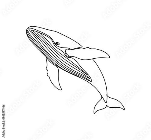 Ocean Leap. Minimalistic one-line drawing a whale jumping out of the water with a smooth curved body, continuous single black line on white background, simple