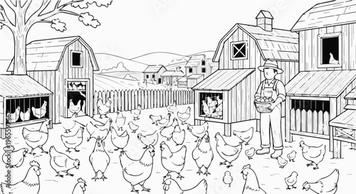 A black and white vector illustration of a farmer standing in a farm yard with chickens and barns