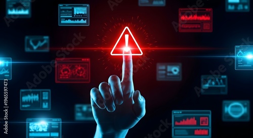 A hand pressing a glowing red warning sign on a futuristic interface with various screens and graphs in the background