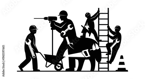 Black  White Silhouettes of Construction Workers with Tools, Ladder, Wheelbarrow