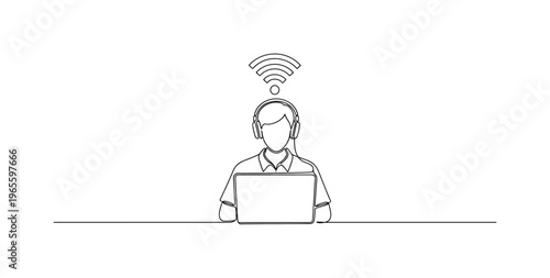 Digital Blogger Scene. Minimalistic one-line drawing person seated at laptop with subtle WiFi signal accent above, continuous single black line on white