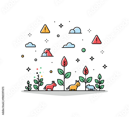 Biodiversity loss concept centered on fading plants and small animal icons with subtle warning symbols conveying ecosystem disruption and environmental risk.