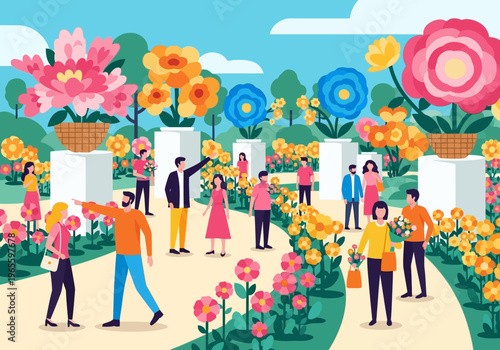People enjoying a vibrant flower festival in a park.