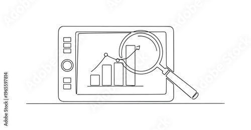 Analytics and SEO Scene. Minimalistic one-line drawing tablet displaying simple chart with magnifier overlay, continuous single black line on white background,