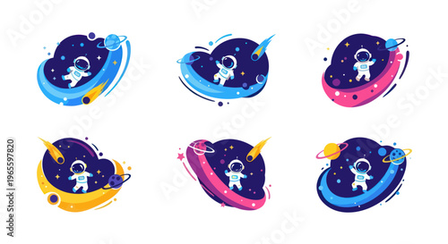 Astronauts in space vector icons, flat design, cosmos art