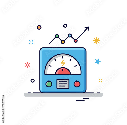 Energy usage dashboard concept featuring a meter with a small upward or downward graph conveying control, savings, and efficiency tracking. Minimalist flat