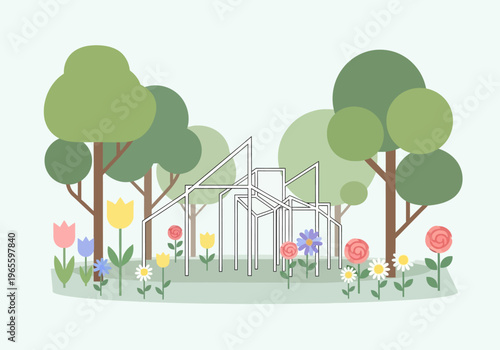 Greenhouse surrounded by vibrant flowers and lush trees.