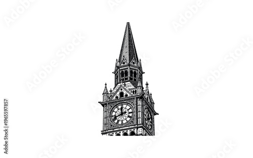 A clock tower top section with spire and visible clock face rendered in engraved detail, black and white halftone illustration, newspaper graphic aesthetic,