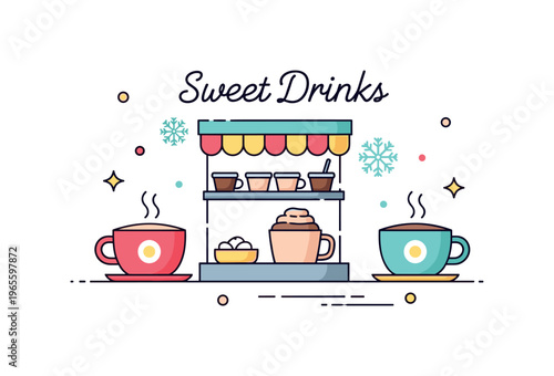 Sweet winter drinks a compact stand with cups of cocoa and soft decorative snowflakes enhancing the scene. The illustration captures joy and comfort of cold