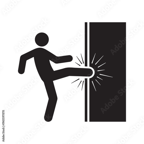 Stick Figure Man Kicking Open Door Silhouette, Forceful Entry and Break-In Icon Vector
