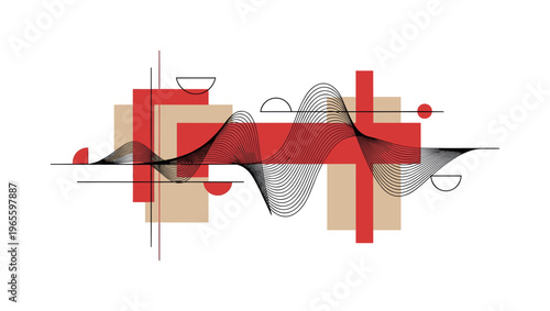 radio waves flowing through bold geometric blocks, black and white wave lines interacting with red and beige rectangles, thin linear elements and semicircles