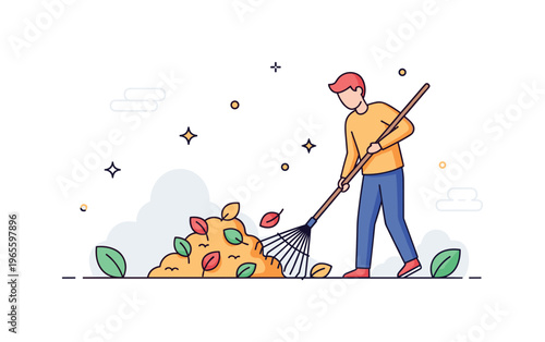 Raking leaves autumn scene with a person gathering fallen leaves into a pile using a rake with soft leaf accents conveying seasonal cleanup, routine, and