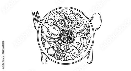 A minimalist line art illustration of a plate of food with utensils