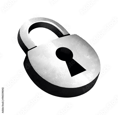 A stylized retro plaque with flowing ornamental curves and bold engraved accents, slightly angled as a single object, black and white halftone illustration,