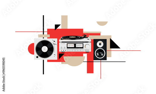 classic media system with bold color layering, black and white electronics combined with red and beige geometric forms, thin linear elements and semicircles