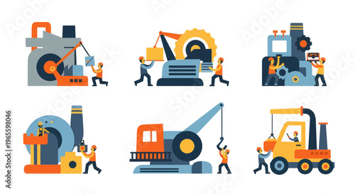 Flat Design Industrial Machinery and Workers, Engineering Concept