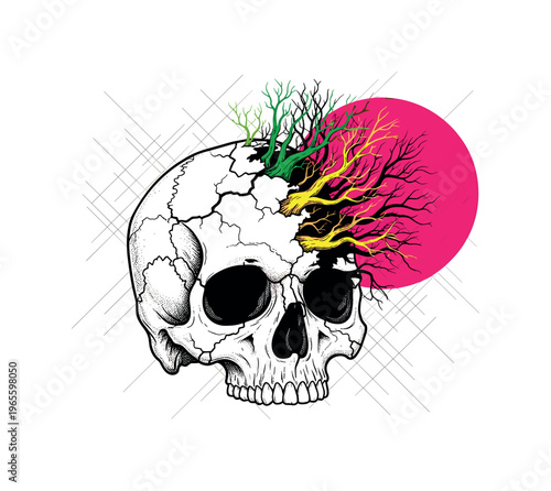cracked skull transforming into a tree structure, large pink circle and diagonal grid lines in background, symbolic conceptual composition, high contrast black