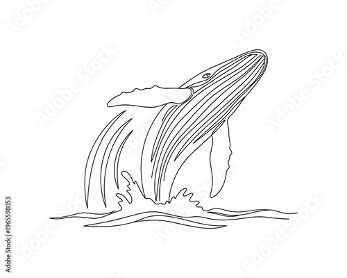 Powerful Jump. Minimalistic one-line drawing a whale leaping upward with dynamic arc lines, continuous single black line on white background, simple outline