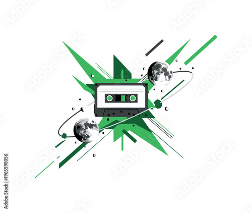 fragmented cassette tape orbiting fragmented moon pieces, green geometric shapes and sharp lines slicing through composition, flat colors and strong contrast,