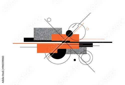 analog interference composition with abstract geometry, monochrome static texture paired with bold orange and black blocks, diagonal glitch lines and circular