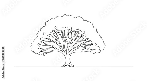 Serene Growth. Minimalistic one-line drawing a tree with gently expanding branches and smooth contours, continuous single black line on white background,