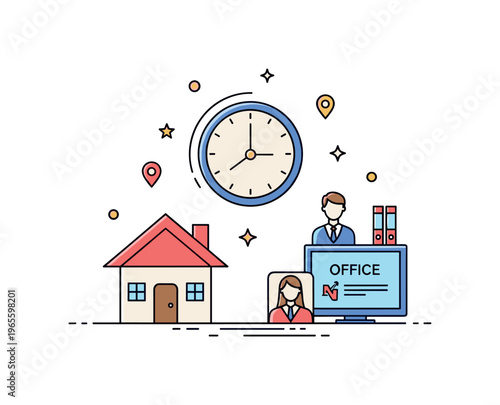 Time and location flexibility illustration with a clock, home icon, and office symbol expressing freedom, efficiency, and modern work structure. Minimalist
