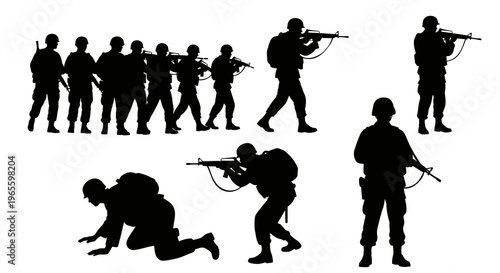 Black Silhouette Soldiers with Rifles, Military Action Poses